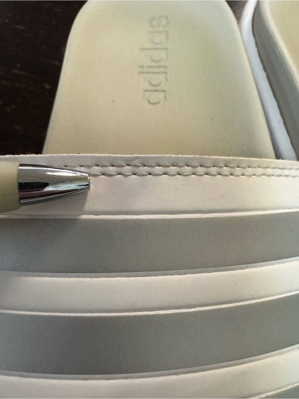adidas White Platform Slide Sandals with Silver Stripes - Picture 7 of 7